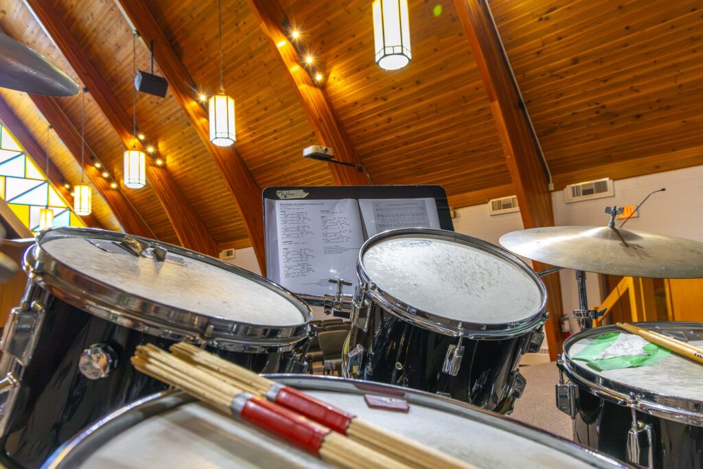 Close-up of the drum kit on the Aylmer CRC worship platform